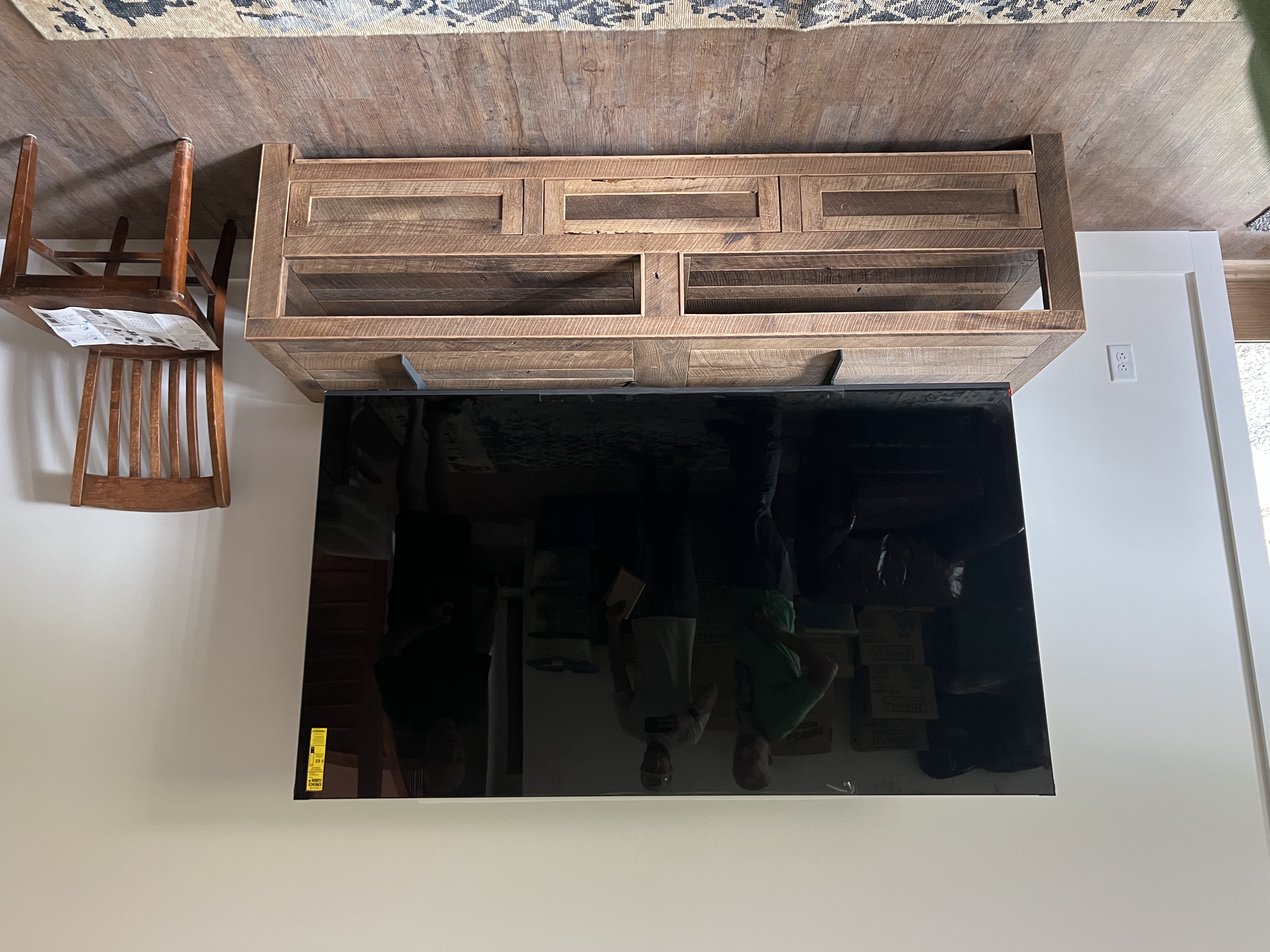 Reclaimed wood TV stand media console installed in home